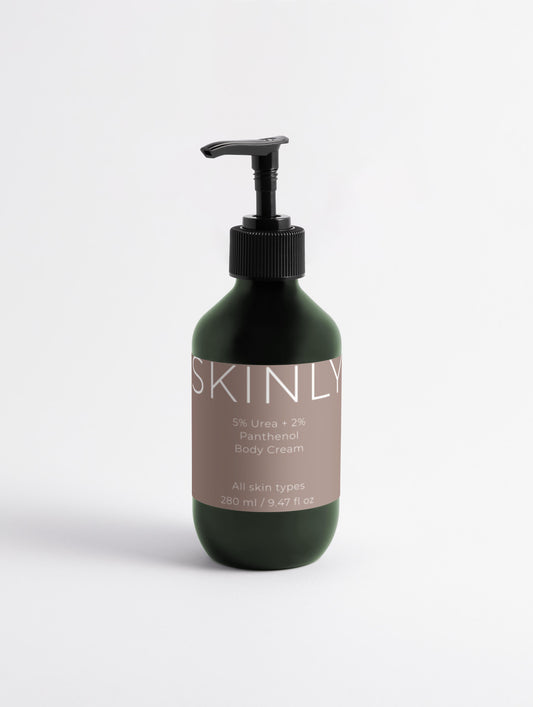 SKINLY body cream with 5% urea and 2% panthenol, deeply hydrating lotion that repairs dry skin, strengthens the skin barrier and leaves skin soft, smooth and nourished