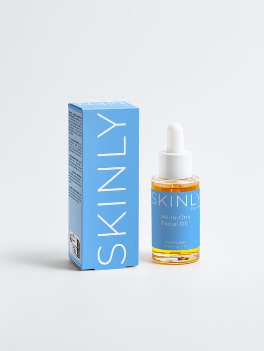 SKINLY men all in one facial oil with dropper and blue packaging, hydrating nourishing face oil for smooth healthy skin and daily grooming routine