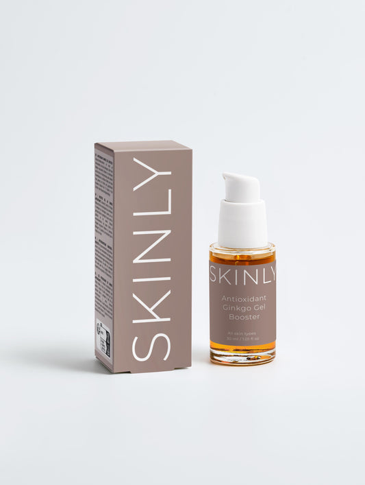 SKINLY antioxidant ginkgo gel booster with box, hydrating serum that brightens skin, improves texture and supports a youthful healthy glow