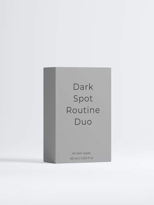 Dark Spot Routine Duo skincare set packaging, brightening routine for hyperpigmentation and uneven skin tone, complete skincare duo for radiant and even glowing skin