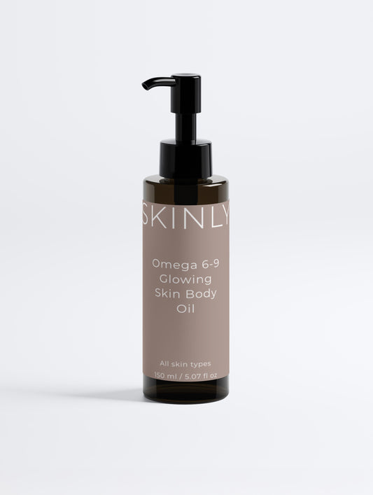 Luxury omega 6-9 body oil in pump bottle, nourishing skincare with sunflower, almond, jojoba, argan and rosehip oils, lightweight hydrating formula for smooth, glowing and revitalized skin