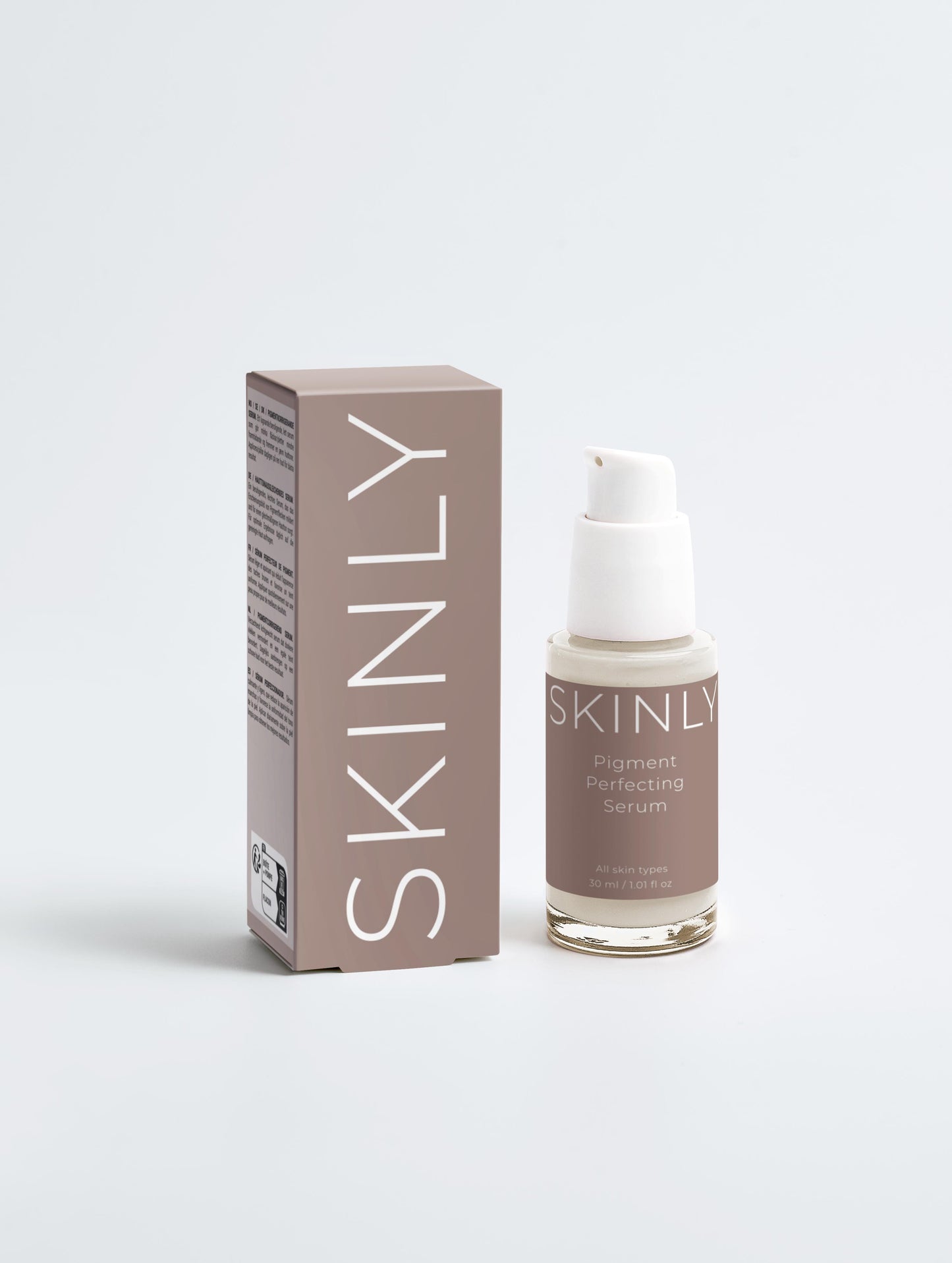 SKINLY Pigment Perfecting Serum with box packaging, brightening facial serum for dark spots and uneven skin tone, hydrating skincare for smooth radiant glowing skin