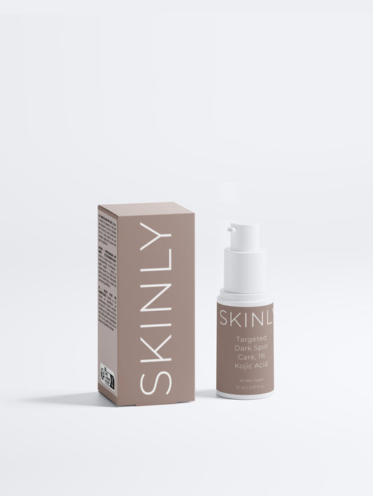 SKINLY targeted dark spot care serum with 1% kojic acid and packaging, brightening treatment that reduces pigmentation, fades dark spots and improves overall skin tone clarity