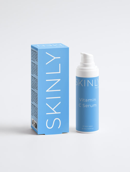 SKINLY vitamin C serum with packaging box, brightening anti aging face serum for radiant even skin tone and daily skincare routine