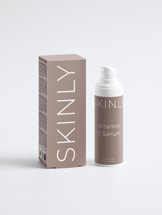 SKINLY vitamin C serum with packaging box, brightening anti aging serum for smooth even skin tone and radiant healthy glow