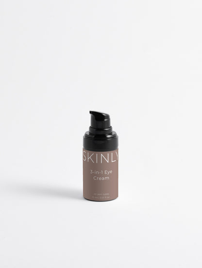SKINLY 3-in-1 eye cream bottle, hydrating eye treatment that reduces dark circles, puffiness and fine lines for smooth youthful under eyes
