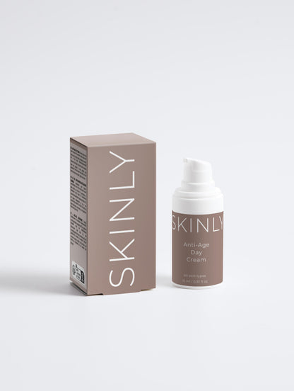 SKINLY Anti-Age Day Cream with packaging, hydrating face moisturizer for fine lines, firming and smoothing skin for a youthful radiant glow