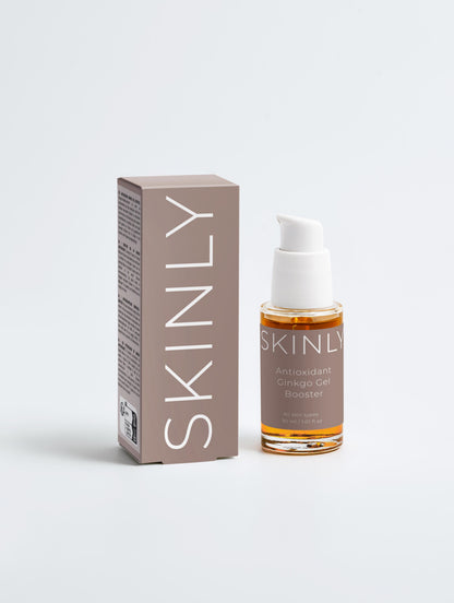 SKINLY antioxidant ginkgo gel booster with box, hydrating serum that brightens skin, improves texture and supports a youthful healthy glow