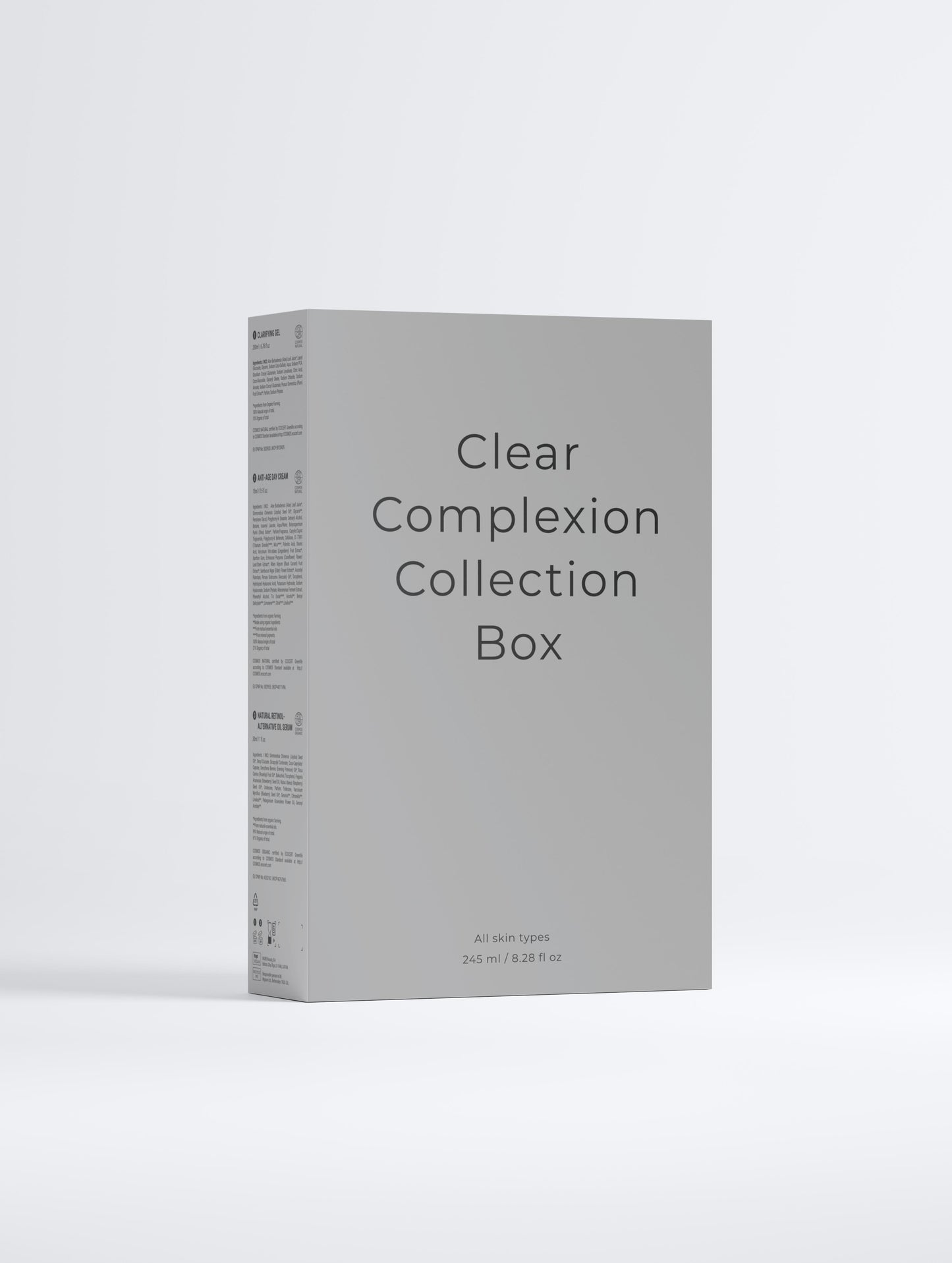 SKINLY Clear Complexion Collection Box packaging, luxury acne skincare set with anti-aging benefits for clear skin, smooth texture and balanced complexion