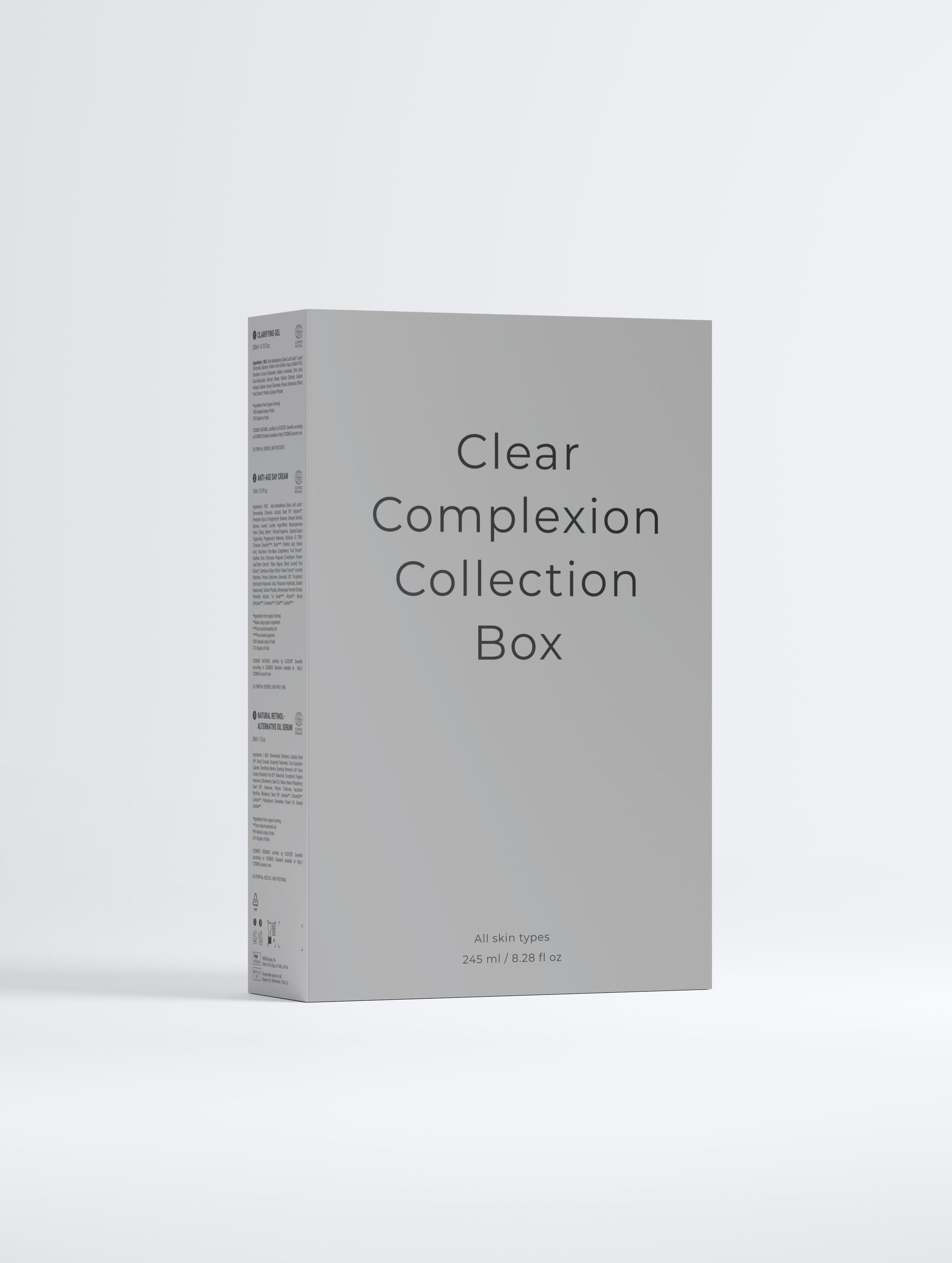 SKINLY Clear Complexion Collection Box packaging, luxury acne skincare set with anti-aging benefits for clear skin, smooth texture and balanced complexion
