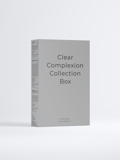 SKINLY Clear Complexion Collection Box packaging, luxury acne skincare set with anti-aging benefits for clear skin, smooth texture and balanced complexion