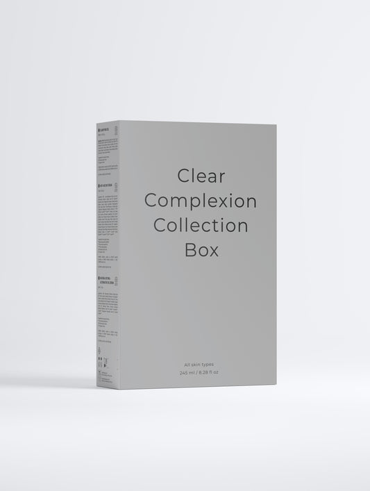 SKINLY Clear Complexion Collection Box packaging, luxury acne skincare set with anti-aging benefits for clear skin, smooth texture and balanced complexion