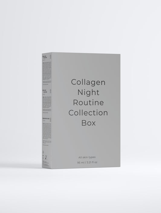 SKINLY collagen night routine collection box packaging, luxury anti aging skincare set for firming hydration overnight skin renewal and youthful glow