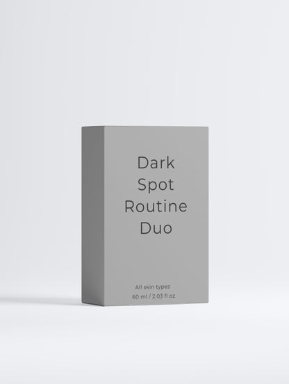 Dark Spot Routine Duo skincare set packaging, brightening routine for hyperpigmentation and uneven skin tone, complete skincare duo for radiant and even glowing skin