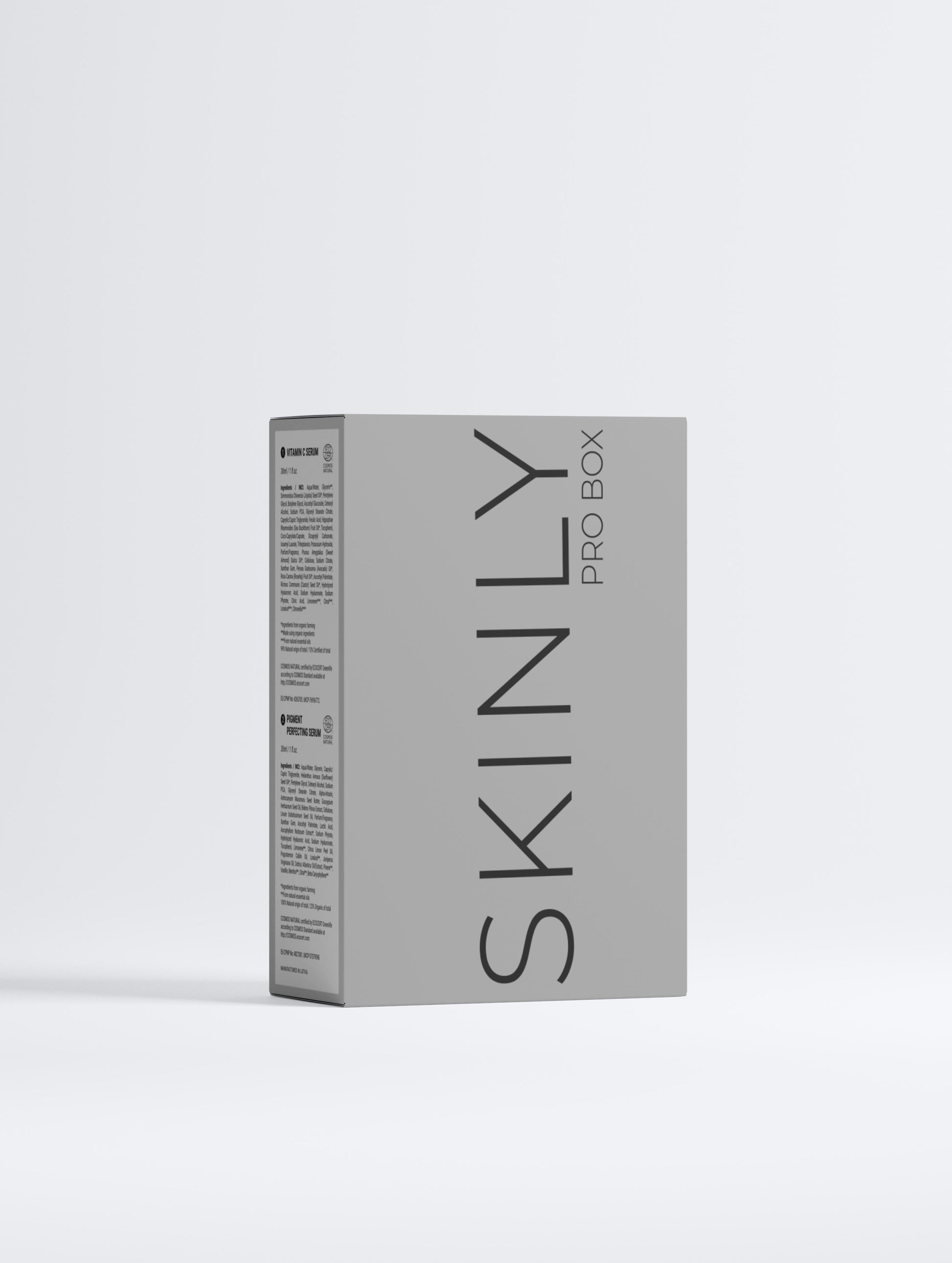 SKINLY PRO Dark Spot Routine Duo box packaging, professional skincare set for hyperpigmentation and dark spots, brightening routine for smooth even and radiant skin