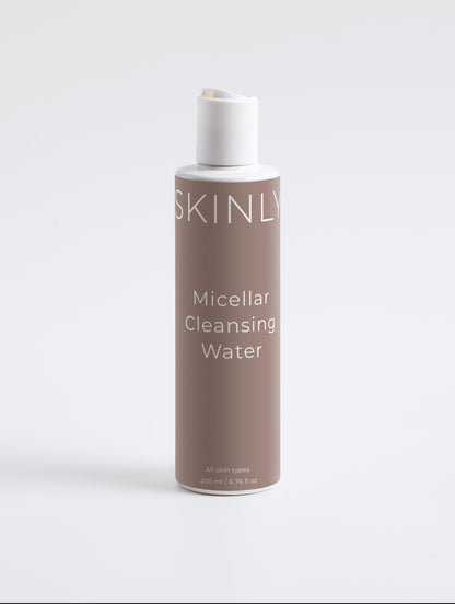 SKINLY Micellar Cleansing Water luxury bottle, gentle makeup remover and facial cleanser, hydrating soothing formula for clear and healthy skin