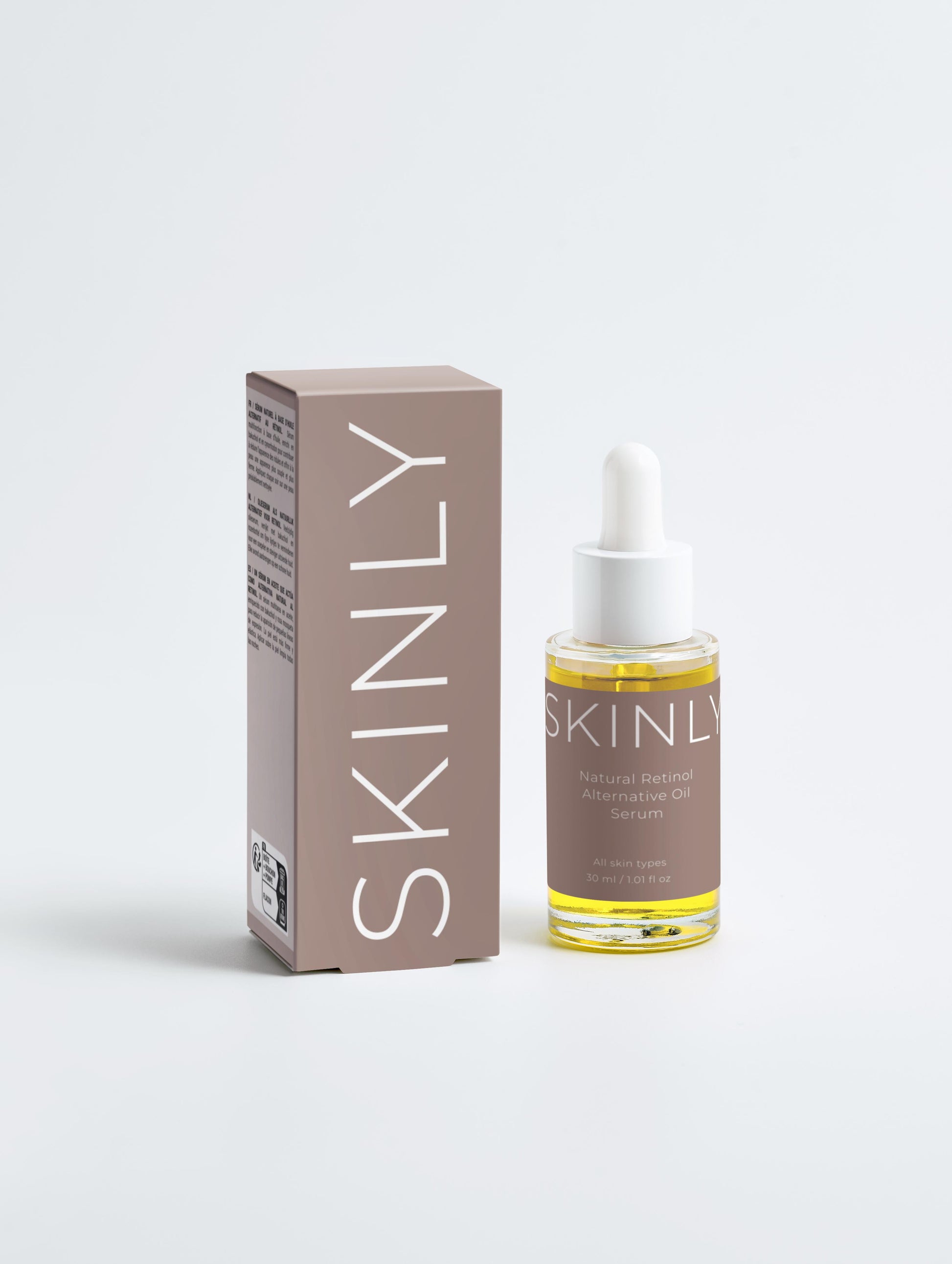SKINLY Natural Retinol Alternative Oil Serum with box, bakuchiol anti-aging face oil in dropper bottle for fine lines, smooth skin and radiant glow