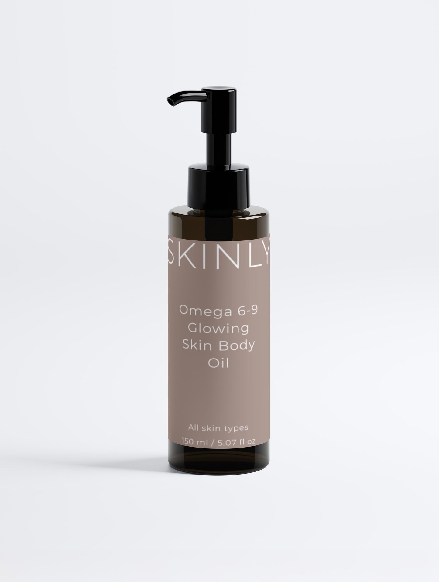 Luxury omega 6-9 body oil in pump bottle, nourishing skincare with sunflower, almond, jojoba, argan and rosehip oils, lightweight hydrating formula for smooth, glowing and revitalized skin