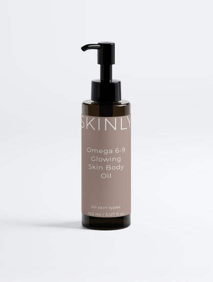 Luxury omega 6-9 body oil in pump bottle, nourishing skincare with sunflower, almond, jojoba, argan and rosehip oils, lightweight hydrating formula for smooth, glowing and revitalized skin
