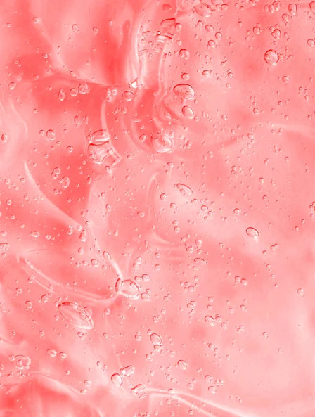 Pink gel facial cleanser texture with bubbles, gentle hydrating face wash with aloe vera, blackberry extract and glycerin for deep cleansing, oil control and fresh glowing skin