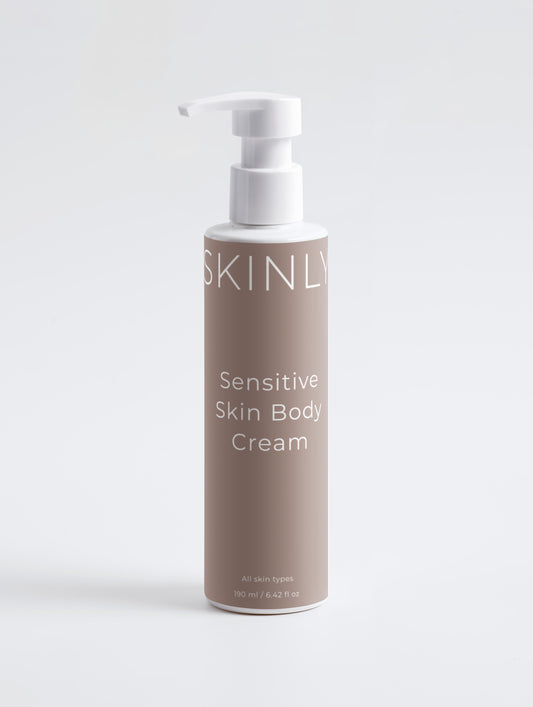 SKINLY sensitive skin body cream bottle, nourishing soothing body lotion for hydrated soft calm skin suitable for sensitive and dry skin