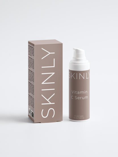 SKINLY vitamin C serum with packaging box, brightening anti aging serum for smooth even skin tone and radiant healthy glow
