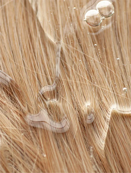 volumizing shampoo texture on hair strands, body boosting cleanser for fine flat hair with lifting strengthening and shine effect